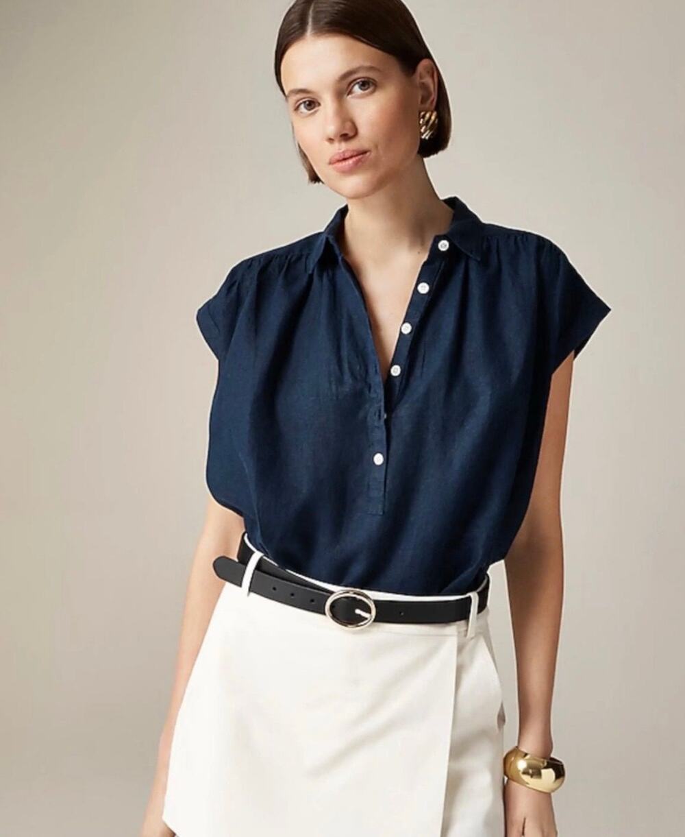 J.Crew Baird McNutt Irish Linen Blouse Top Women's Large Navy Blue Cap Sleeve